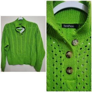 Boo Hoo Lime Green Open Knit Collared Sweater New